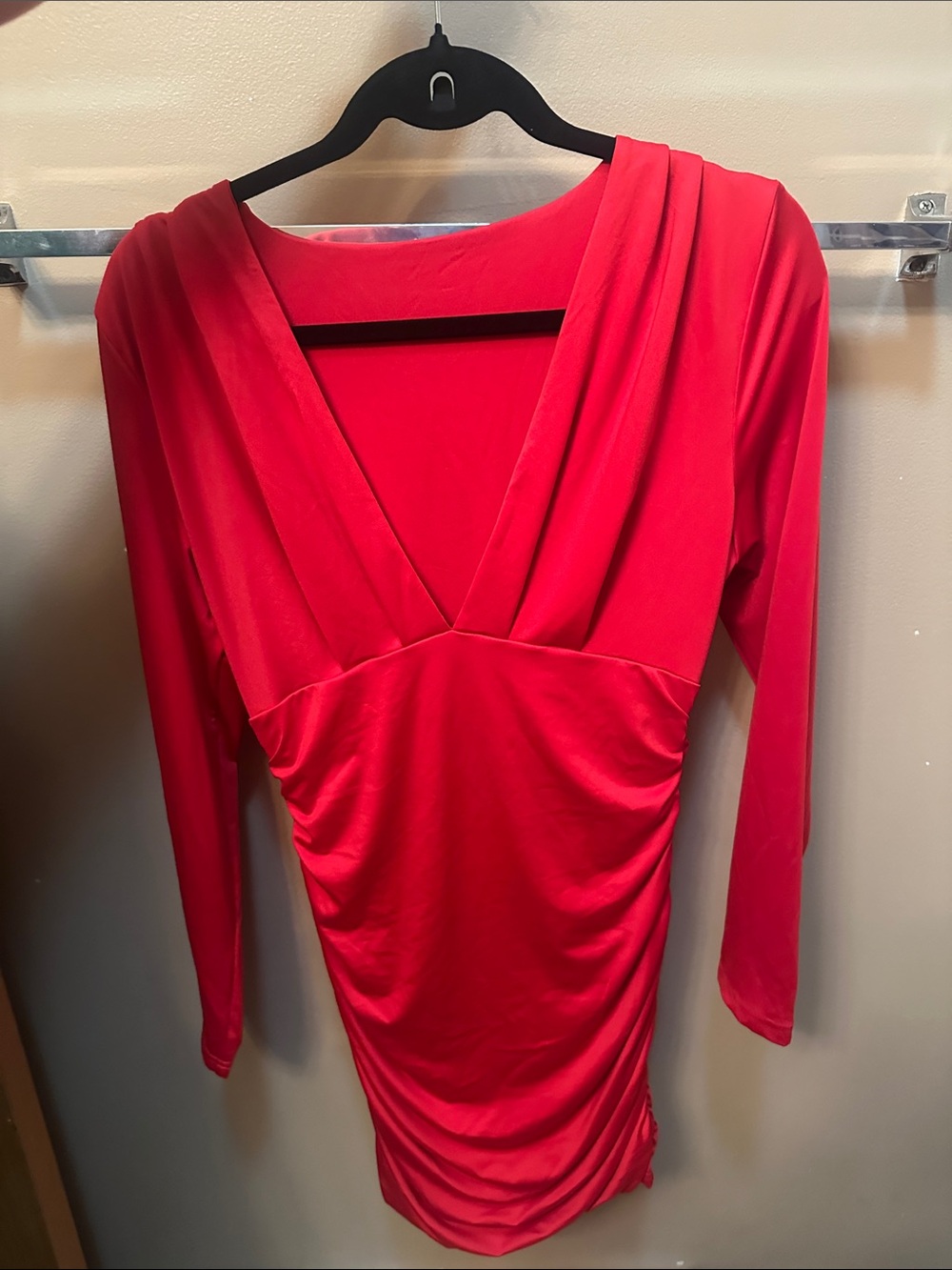 Red Long-Sleeve V-Neck Ruched Women’s Dress